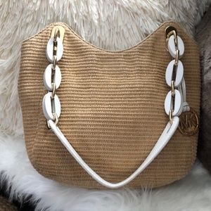 Michael Kors Straw and White Leather Tote with Gold Hardware